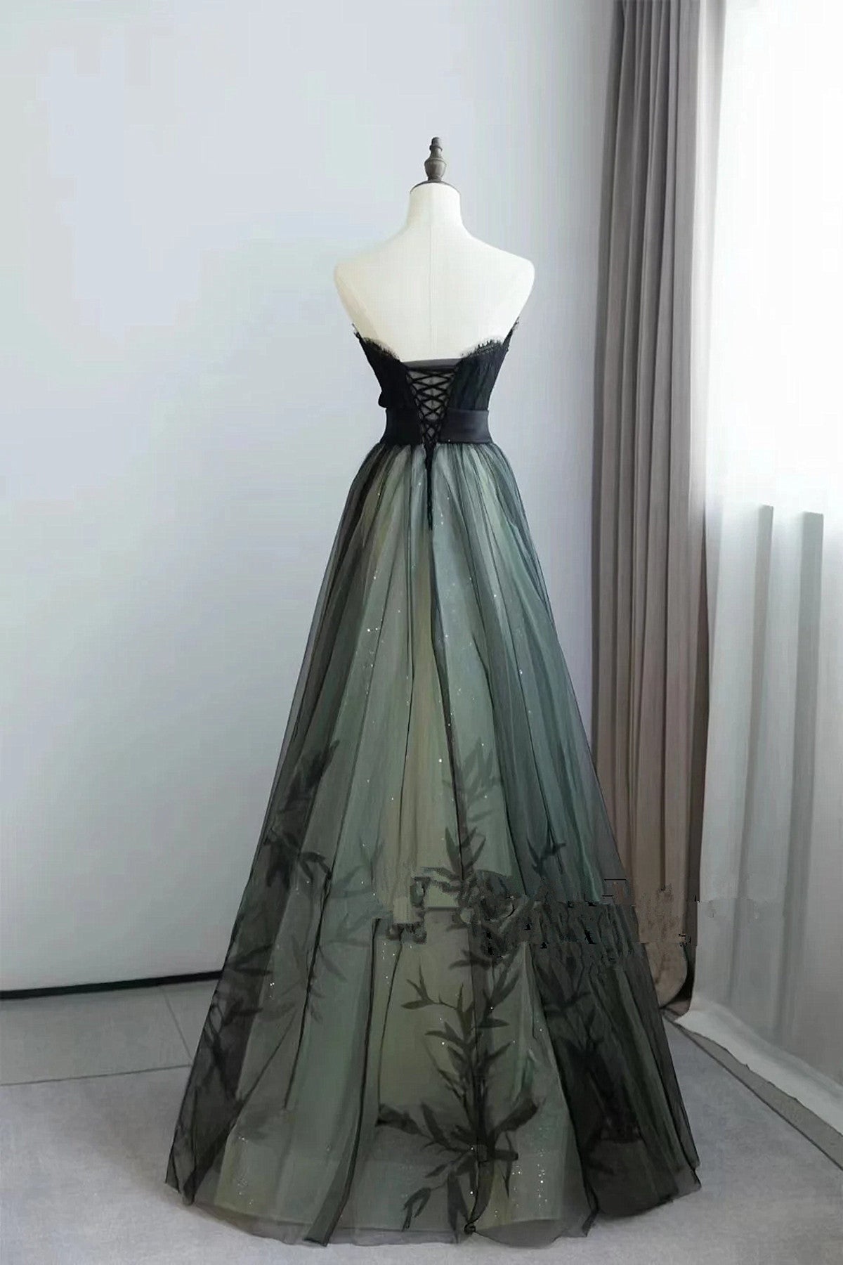A-Line Black And Green Tulle With Lace Long Formal Prom Dresses, Tulle Party Dresses