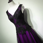 A-Line Black And Purple Tulle V-Neckline Beaded Formal Prom Dresses, Black Tulle Formal Dresses