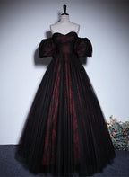 A-Line Black And Red Lace Sweetheart Formal Evening Dresses, Black And Red Formal Prom Dresses