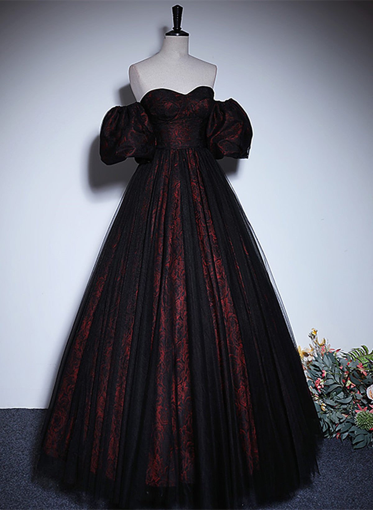 A-Line Black And Red Lace Sweetheart Formal Evening Dresses, Black And Red Formal Prom Dresses