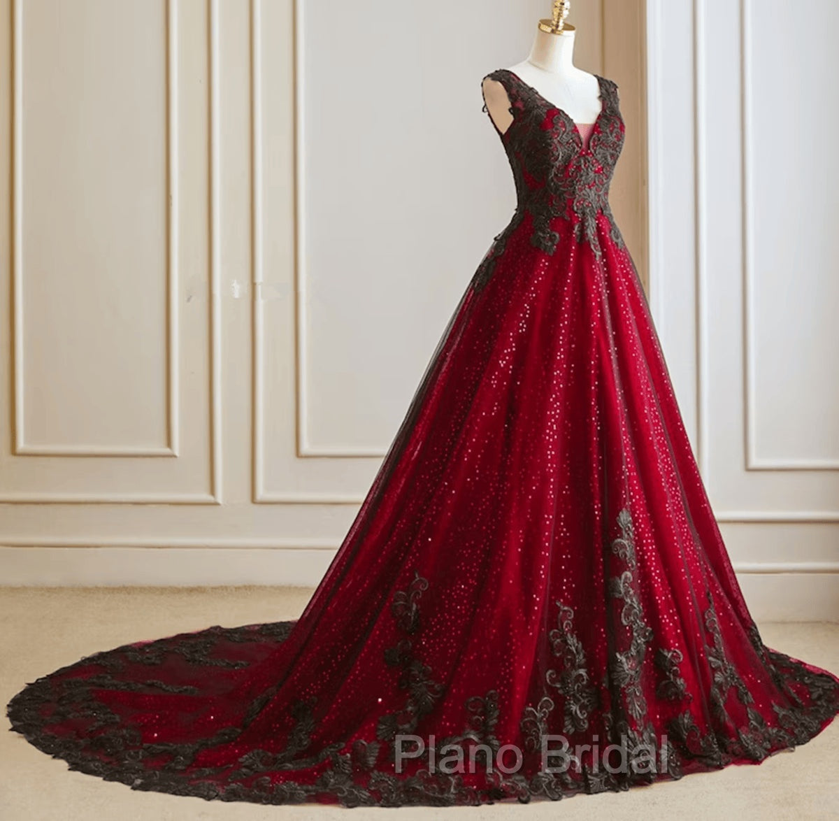 A-line Black and Red Tulle with Lace Party Dresses, Black and Red Formal Dresses Secondary image