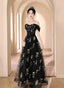 A-Line Black Floral Tulle Floor Length Formal Prom Dresses, Off The Shoulder Formal Evening Party Dresses