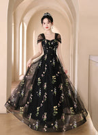 A-Line Black Floral Tulle Floor Length Formal Prom Dresses, Off The Shoulder Formal Evening Party Dresses