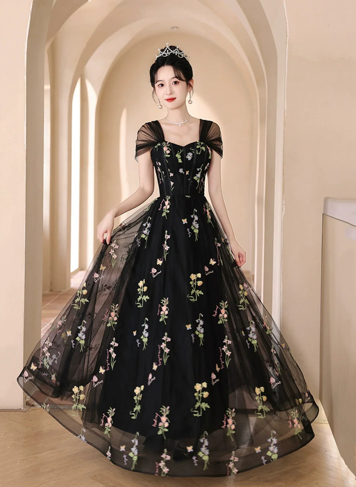 A-Line Black Floral Tulle Floor Length Formal Prom Dresses, Off The Shoulder Formal Evening Party Dresses