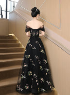 A-Line Black Floral Tulle Floor Length Formal Prom Dresses, Off The Shoulder Formal Evening Party Dresses
