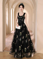 A-Line Black Floral Tulle Floor Length Formal Prom Dresses, Off The Shoulder Formal Evening Party Dresses