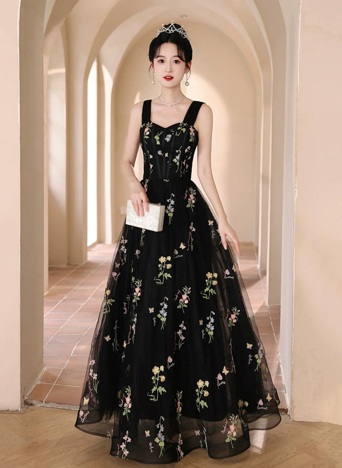 A-Line Black Floral Tulle Floor Length Formal Prom Dresses, Off The Shoulder Formal Evening Party Dresses