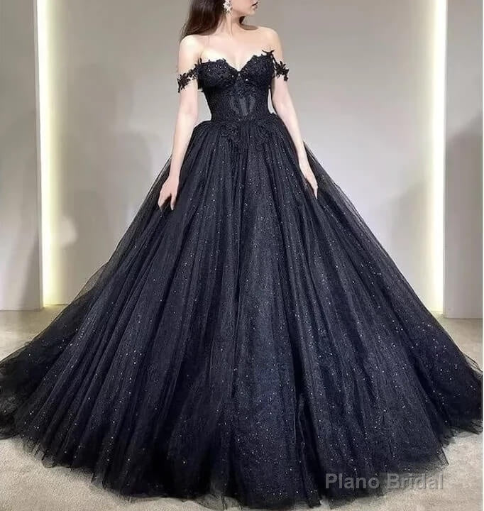 A Line Black Gothic Wedding Dresses Off the Shoulder Lace Tulle Main image