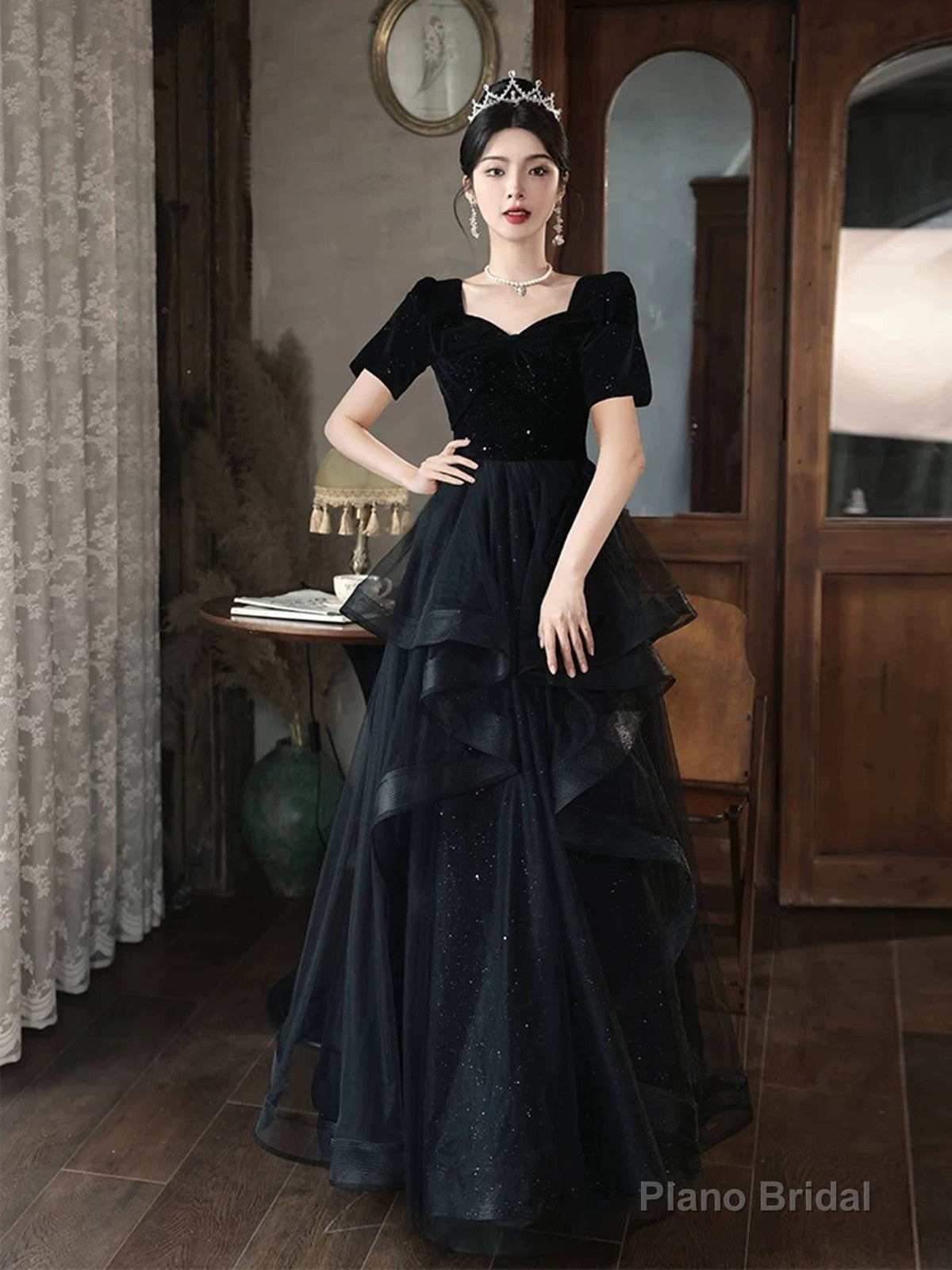A-line Black Layers Short Sleeves Prom Dress, Black Velvet and Tulle Party Dress Main image