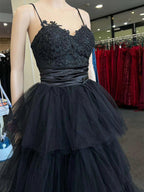 A-Line Black Layers Tulle With Lace Straps Party Dresses, Black Tulle Formal Prom Dresses