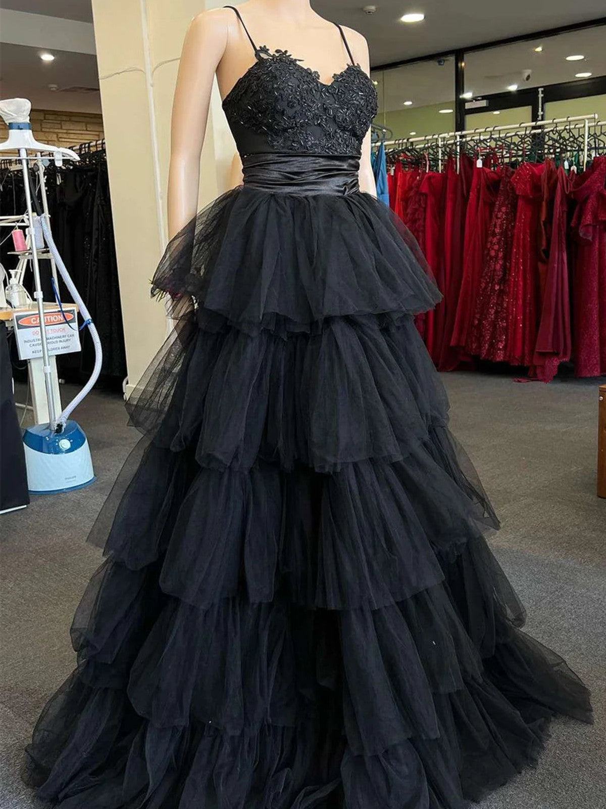 A-Line Black Layers Tulle With Lace Straps Party Dresses, Black Tulle Formal Prom Dresses Main image