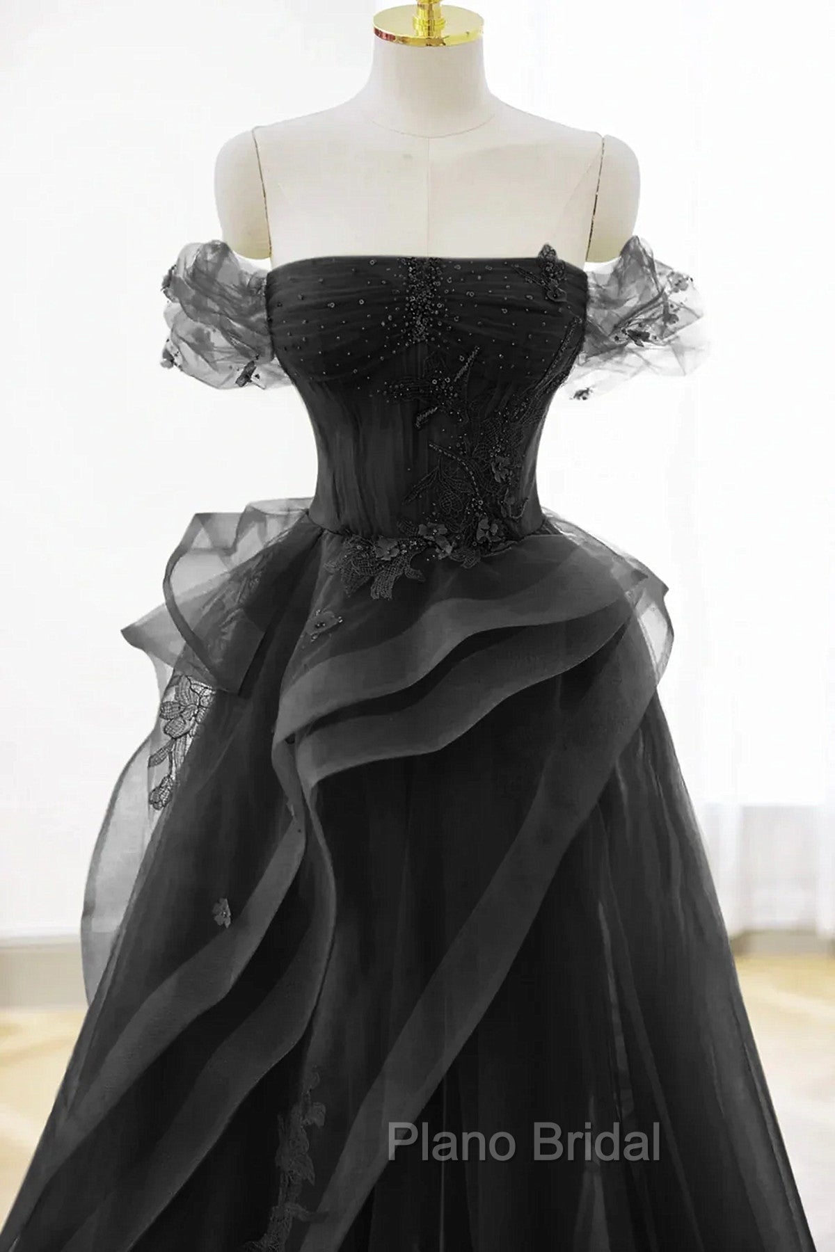 A-Line Black Off Shoulder Tulle With Lace Party Dresses, Black Tulle Formal Prom Dresses Secondary image