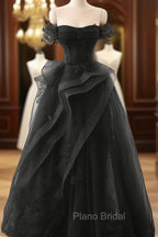 A-Line Black Off Shoulder Tulle With Lace Party Dresses, Black Tulle Formal Prom Dresses