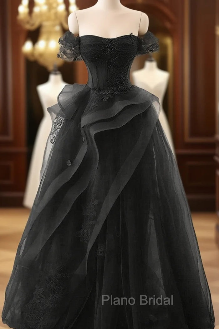 A-Line Black Off Shoulder Tulle With Lace Party Dresses, Black Tulle Formal Prom Dresses Main image