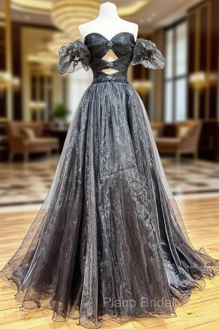 A-Line Black Organza Long Formal Prom Dresses