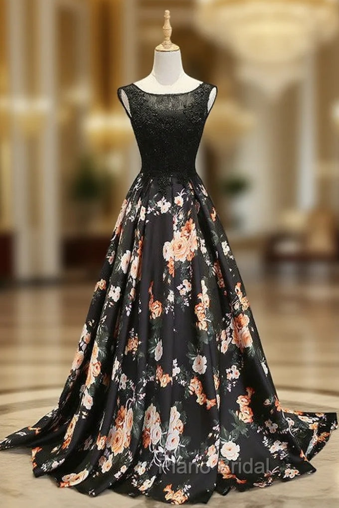 A-line Black Print Formal Prom Dresses
