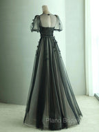 A-Line Black Puff Sleeves Tulle Long Formal Prom Dresses, Black Formal Evening Dresses