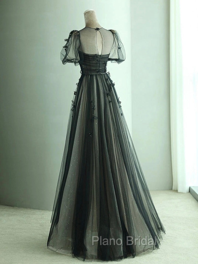 A-Line Black Puff Sleeves Tulle Long Formal Prom Dresses, Black Formal Evening Dresses