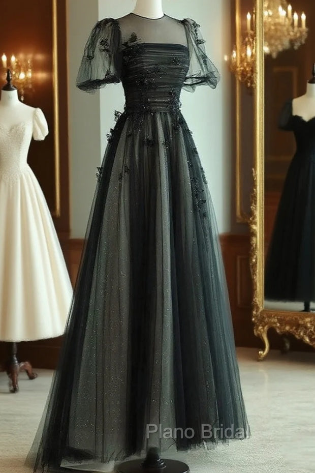 A-Line Black Puff Sleeves Tulle Long Formal Prom Dresses, Black Formal Evening Dresses
