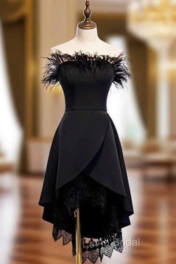 A-Line Black Satin  Lace Of the Shoulder Formal Prom Dresses Main image