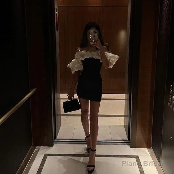 a-line black satin off the shoulder homecoming dress 18th birthday outfits Secondary image