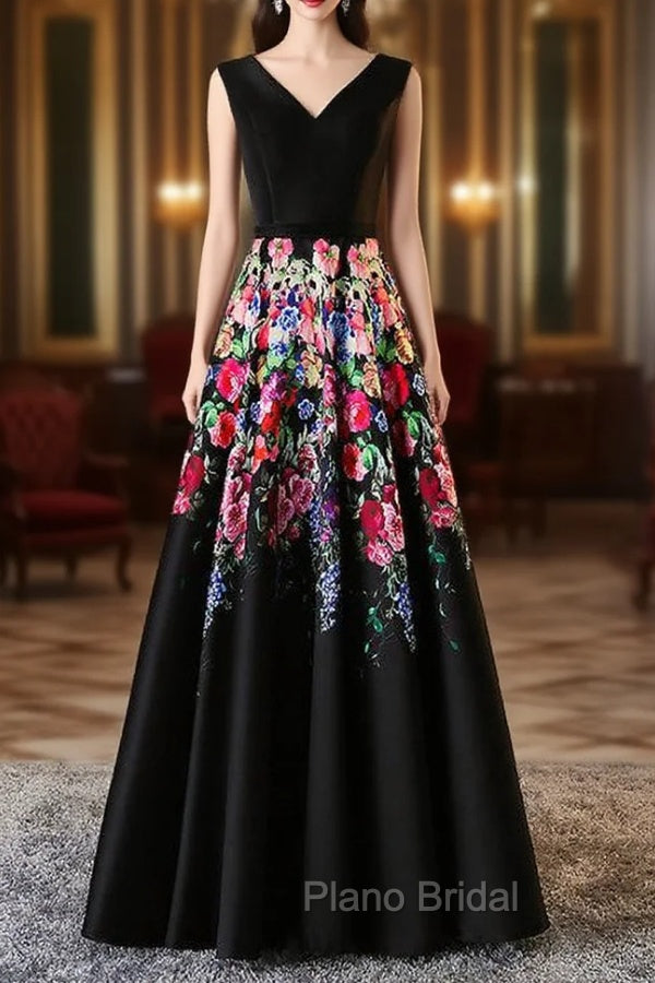 A-line Black Satin Print Formal Prom Dresses Main image