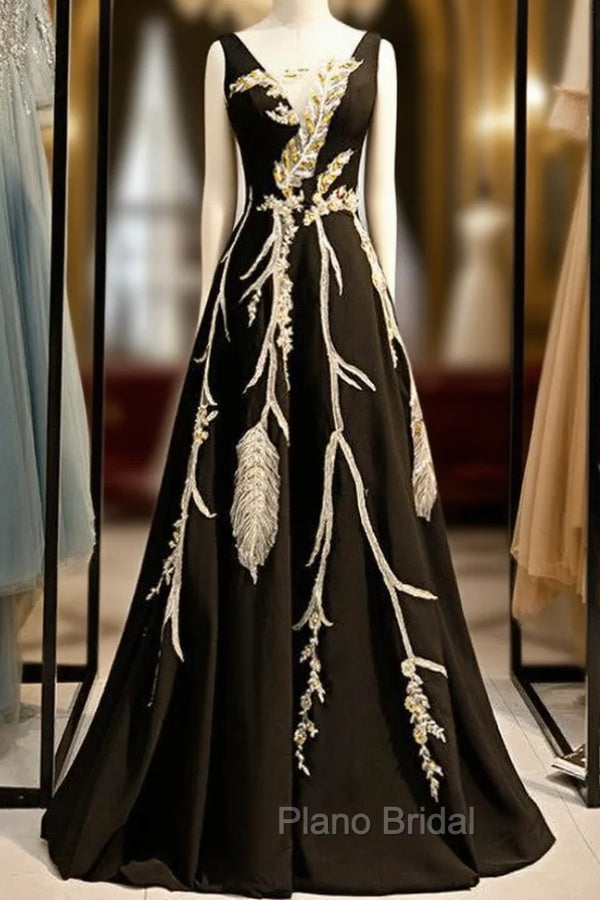 A-Line Black Satin See Through V-neck Appliques Formal Prom Dresses Main image