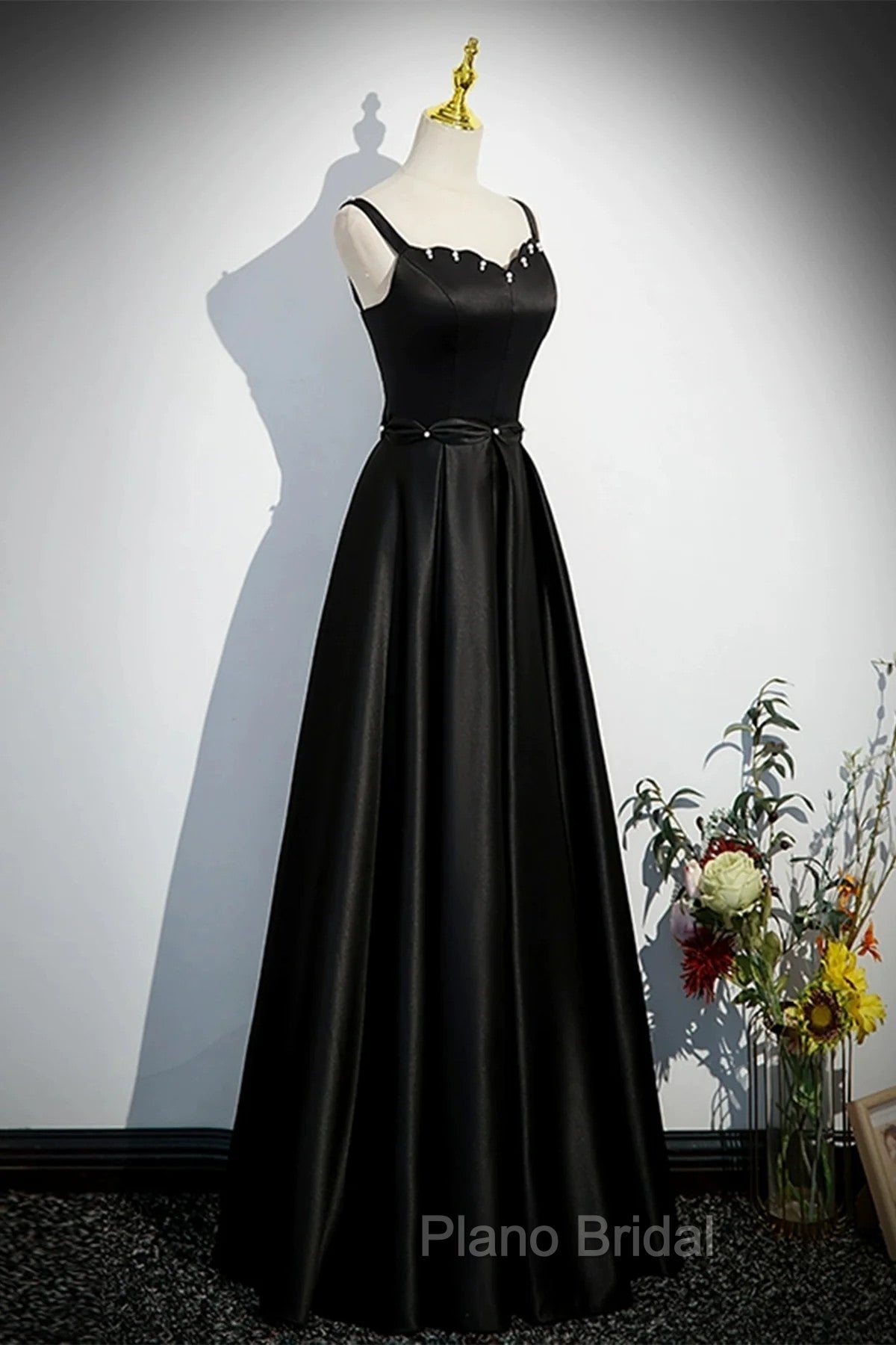 A-line Black Satin Straps Long Formal Dresses, Black Simple Formal Prom Dresses Secondary image