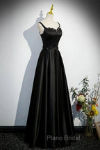 A-line Black Satin Straps Long Formal Dresses, Black Simple Formal Prom Dresses