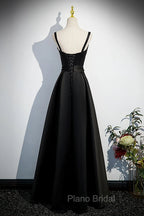A-line Black Satin Straps Long Formal Dresses, Black Simple Formal Prom Dresses