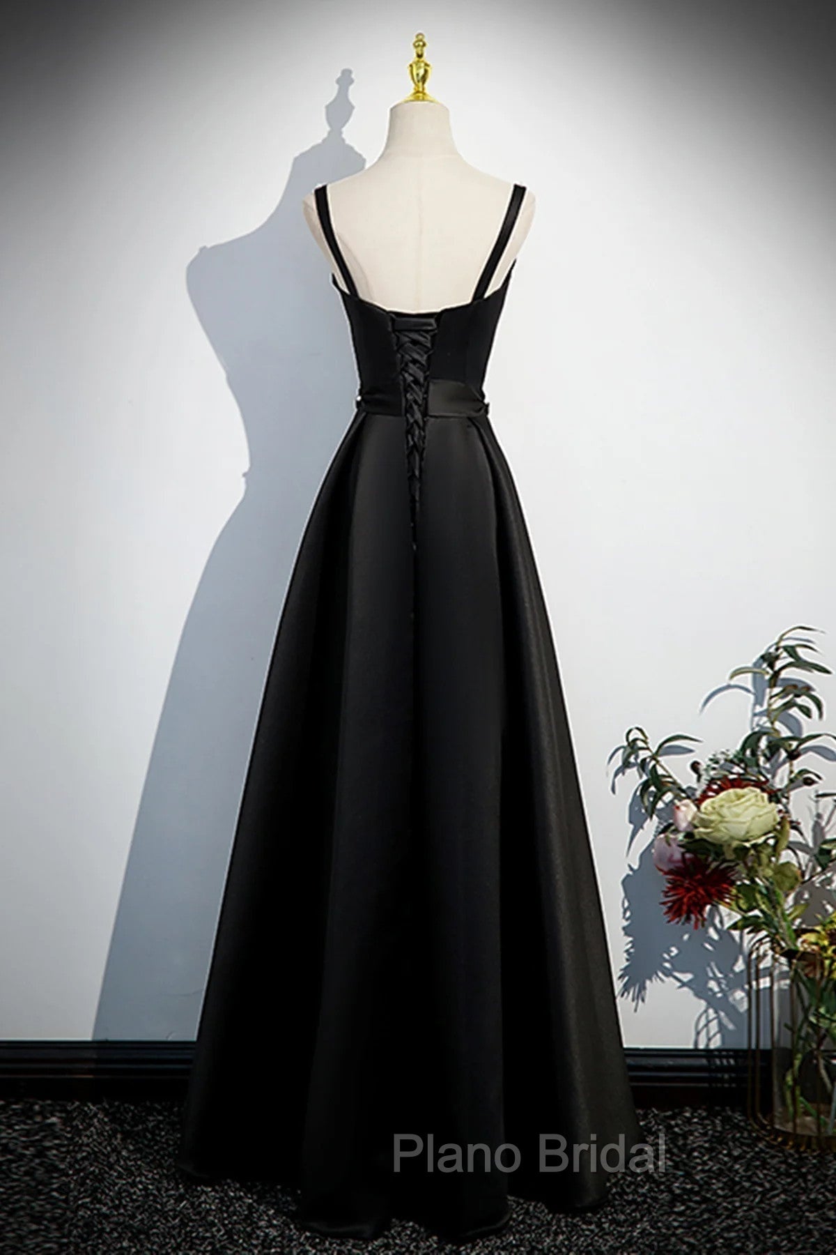 A-line Black Satin Straps Long Formal Dresses, Black Simple Formal Prom Dresses