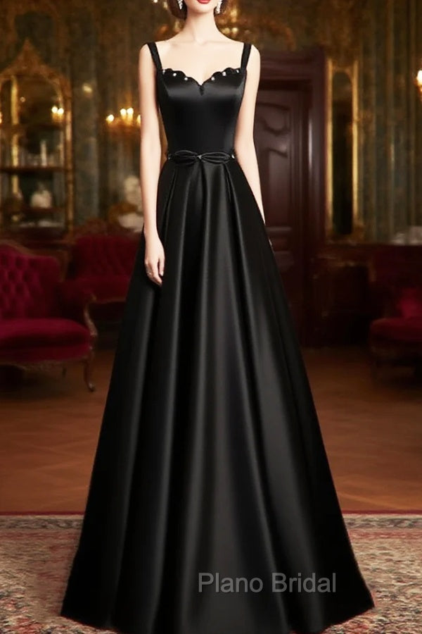 A-line Black Satin Straps Long Formal Dresses, Black Simple Formal Prom Dresses Main image