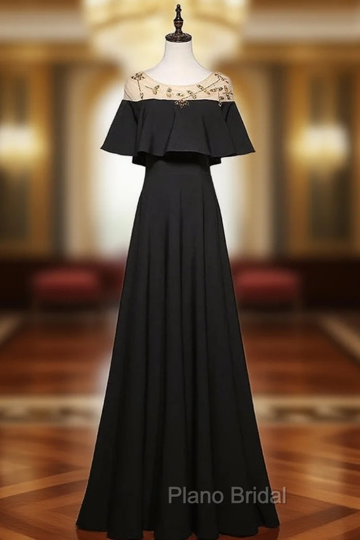 A-Line Black Scoop Neck Beading Formal Prom Dresses