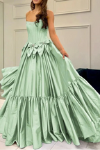 A-Line Black Scoop Neck Satin Long Formal Prom Dresses With Bow Knots