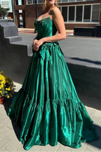 A-Line Black Scoop Neck Satin Long Formal Prom Dresses With Bow Knots