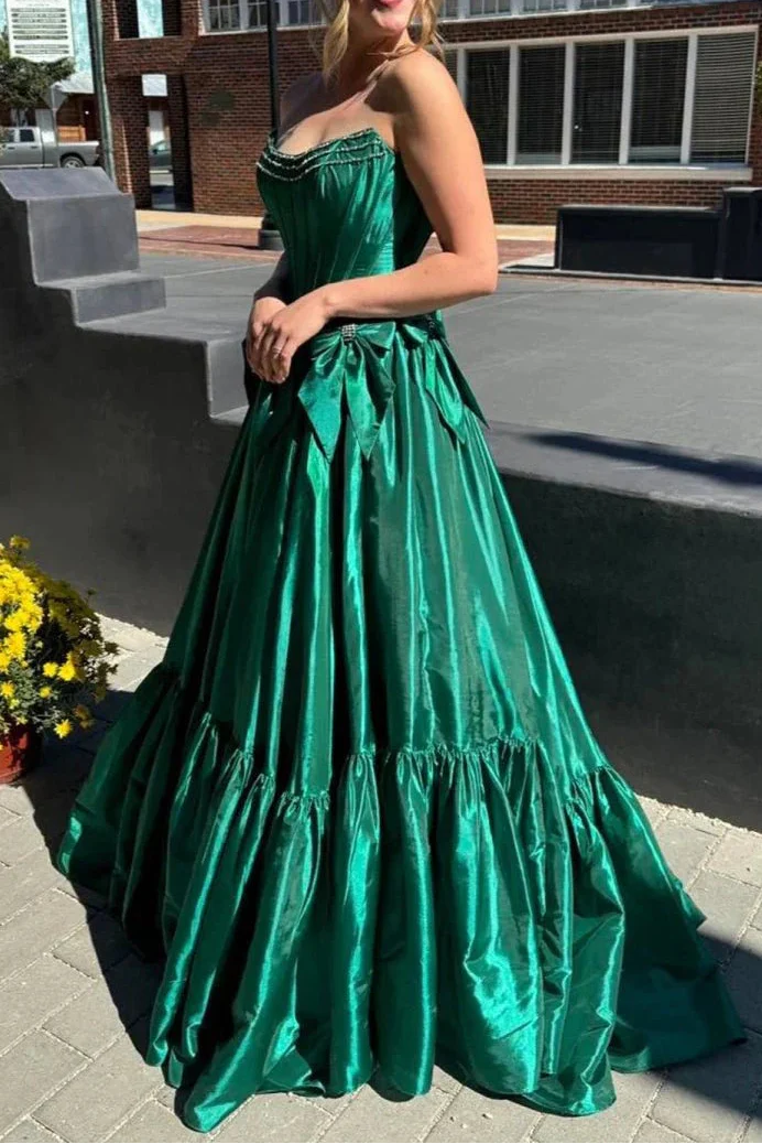 A-Line Black Scoop Neck Satin Long Formal Prom Dresses With Bow Knots