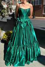 A-Line Black Scoop Neck Satin Long Formal Prom Dresses With Bow Knots