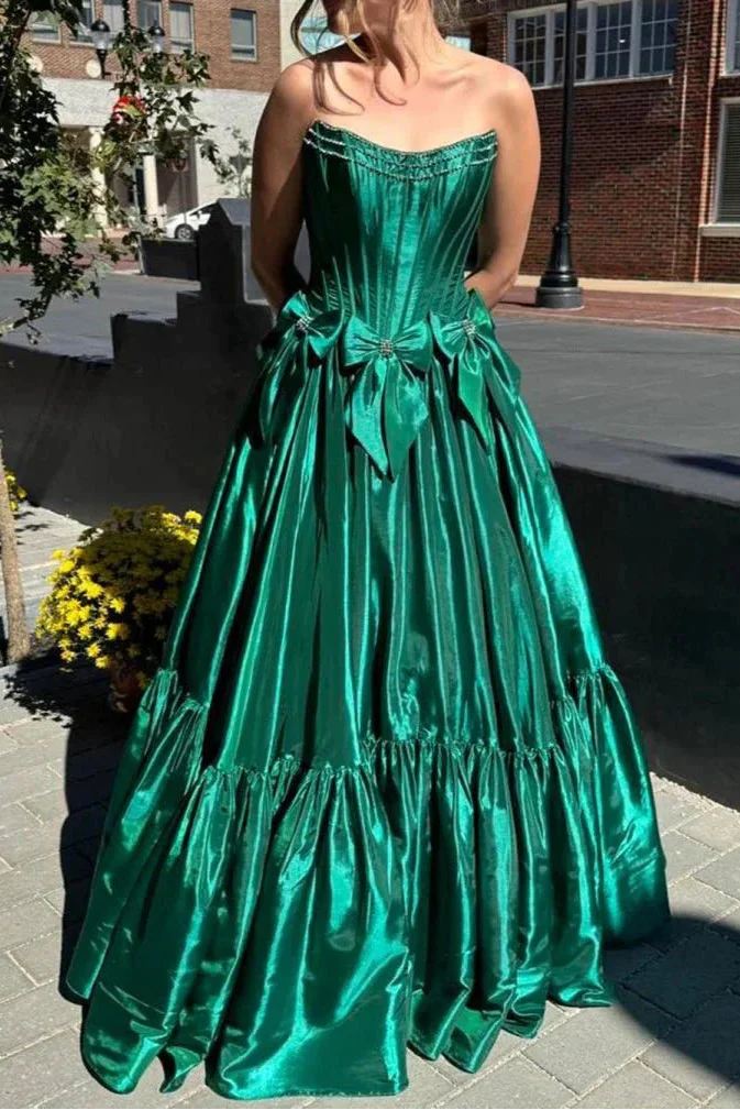 A-Line Black Scoop Neck Satin Long Formal Prom Dresses With Bow Knots