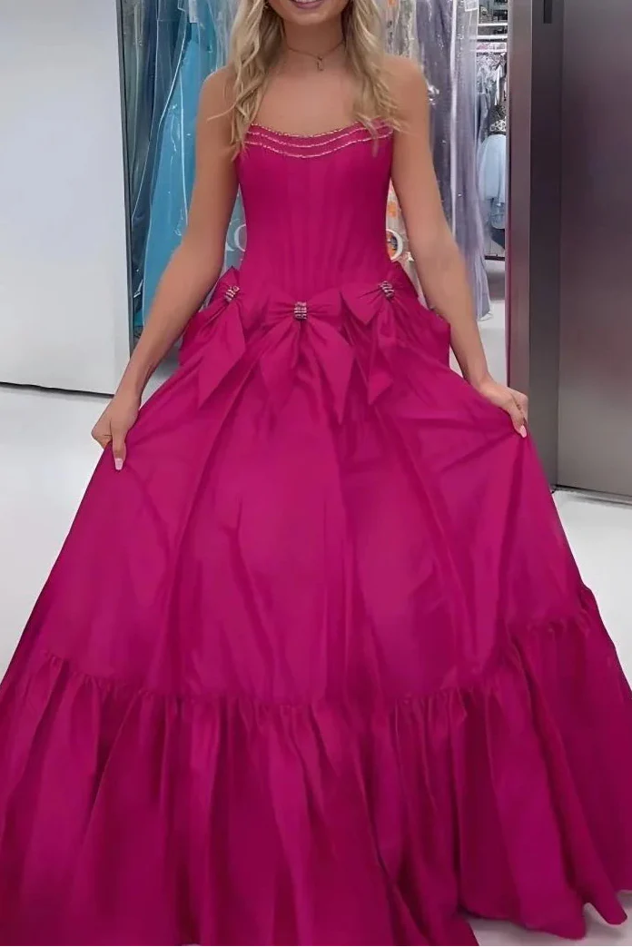 A-Line Black Scoop Neck Satin Long Formal Prom Dresses With Bow Knots