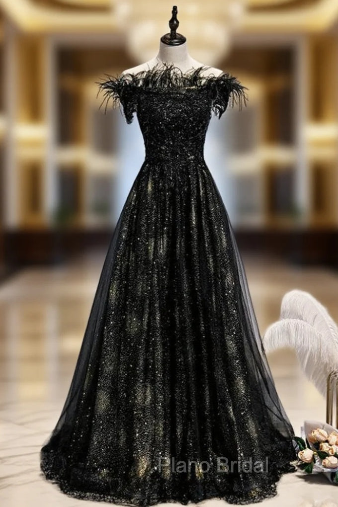 A-Line Black Sequins Off the Shoulder Feather Formal Prom Dresses Main image