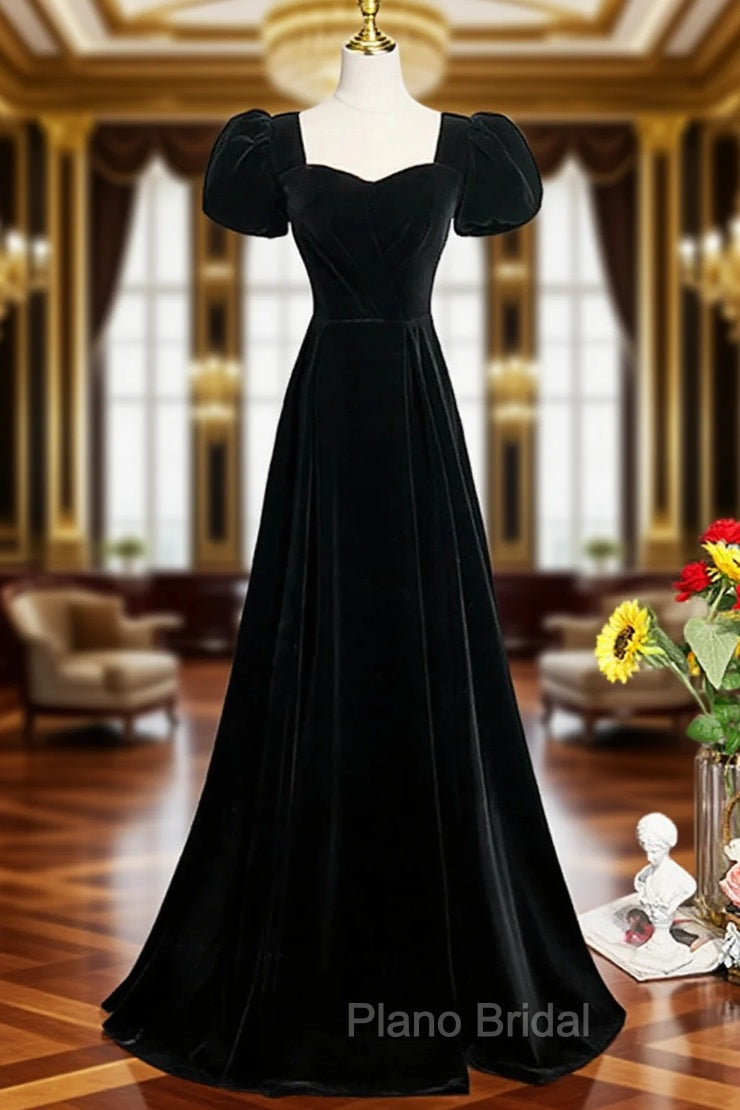 A-line Black Short Sleeves Velvet Long Party Dresses, Black Simple Bridesmaid Dresses Main image