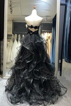 A-line Black Sweetheart Tulle Layers Long Party Dresses, Black Tulle Formal Prom Dresses