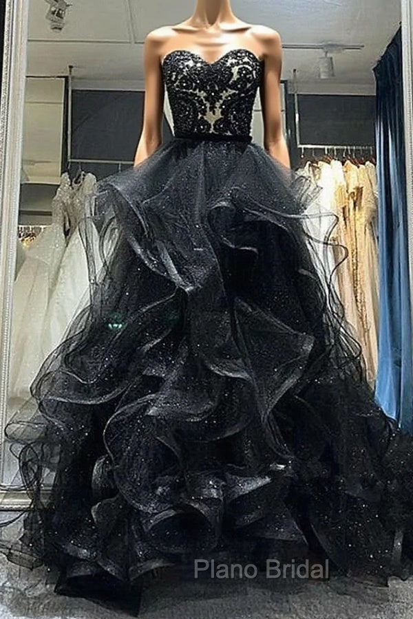 A-line Black Sweetheart Tulle Layers Long Party Dresses, Black Tulle Formal Prom Dresses Main image