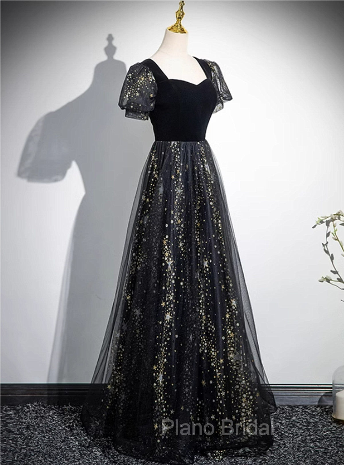 A-line Black Tulle and Velvet Long Party Dresses, Black Formal Prom Dresses Secondary image
