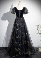 A-line Black Tulle and Velvet Long Party Dresses, Black Formal Prom Dresses