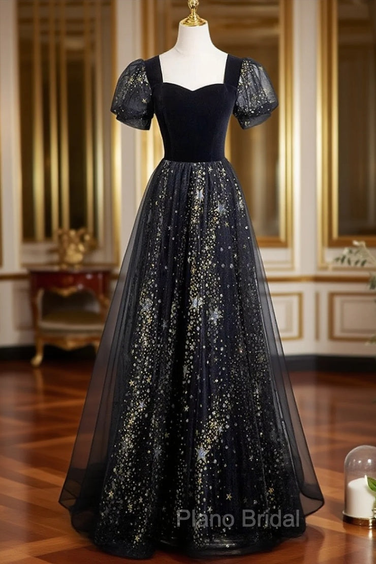 A-line Black Tulle and Velvet Long Party Dresses, Black Formal Prom Dresses Main image