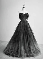 A-Line Black Tulle Ballgown Long Party Dresses Beadings Evening Dresses Formal Prom Dresses