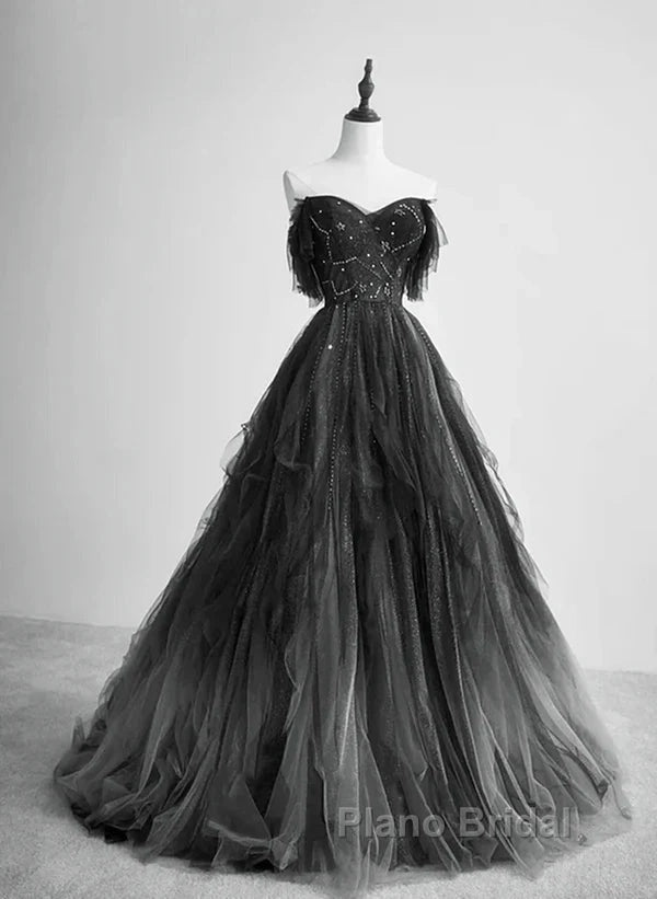 A-Line Black Tulle Ballgown Long Party Dresses Beadings Evening Dresses Formal Prom Dresses