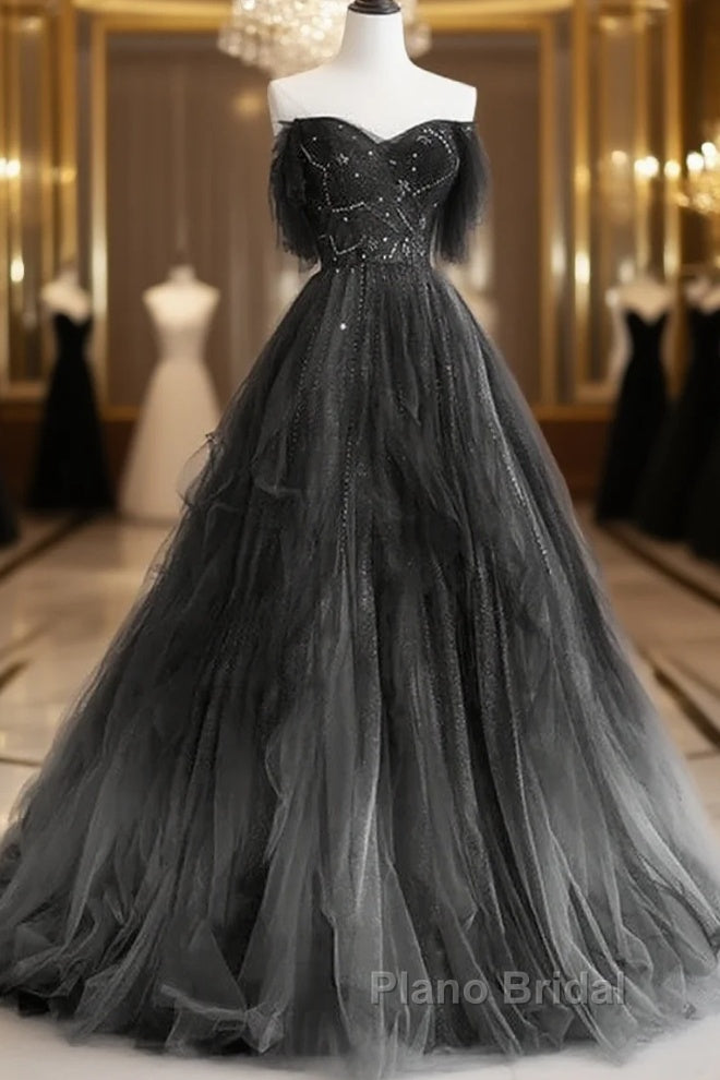 A-Line Black Tulle Ballgown Long Party Dresses Beadings Evening Dresses Formal Prom Dresses Main image