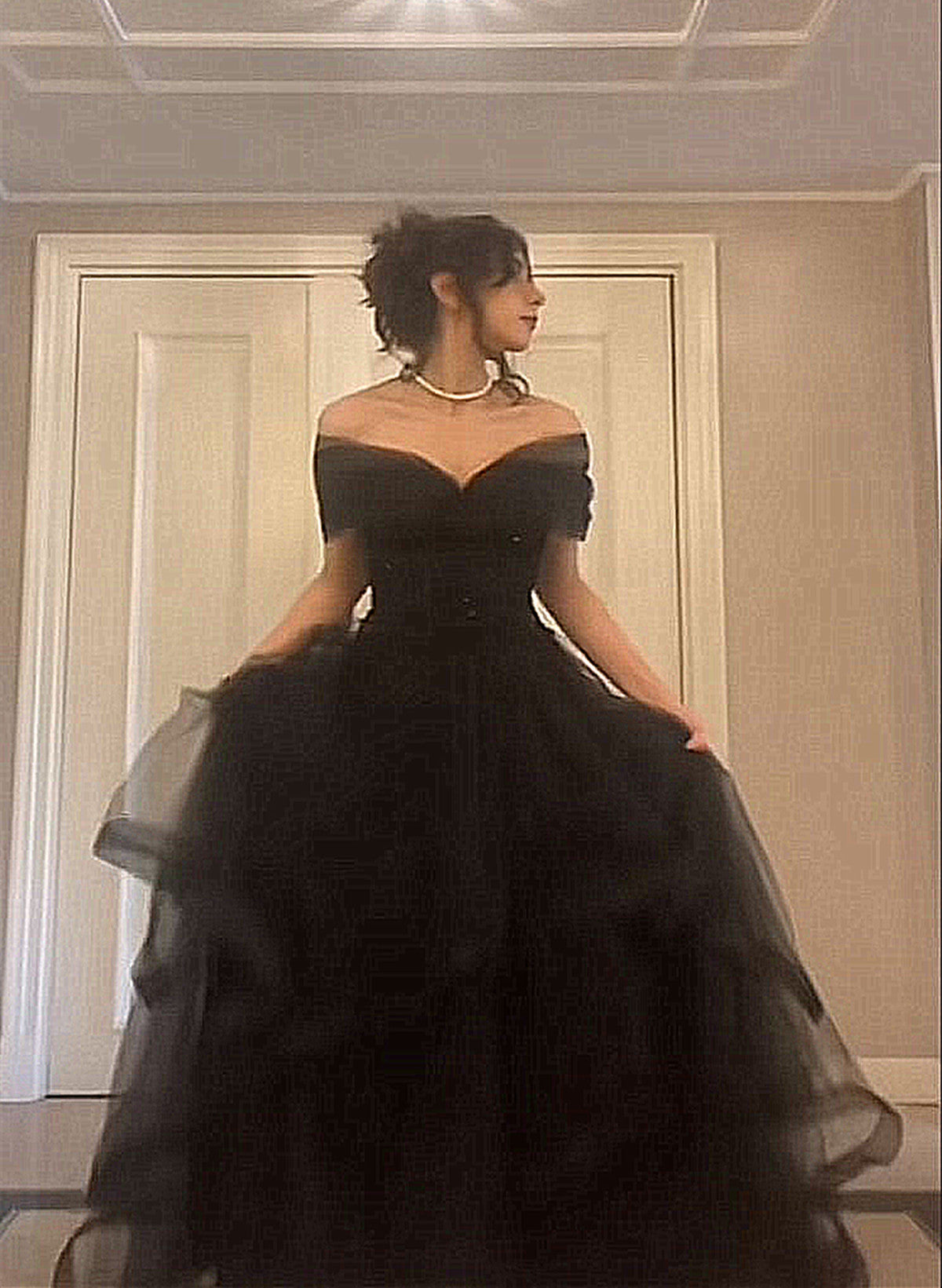 A-Line Black Tulle Chic Sweetheart Long Party Dresses, Black Off Shoulder Formal Prom Dresses Main image